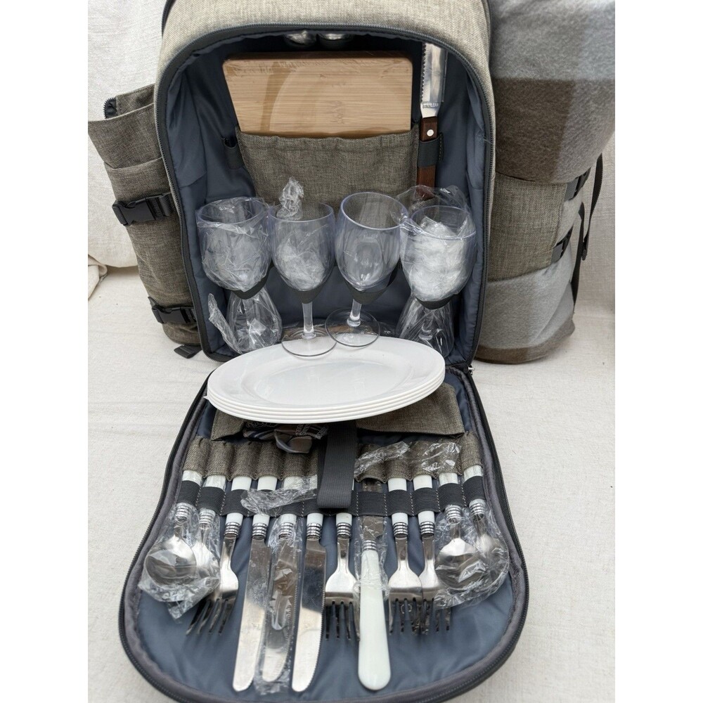 Sunflora Picnic Backpack Set Insulated 4 Person Blanket Plates Wine Glasses - Picture 9 of 16